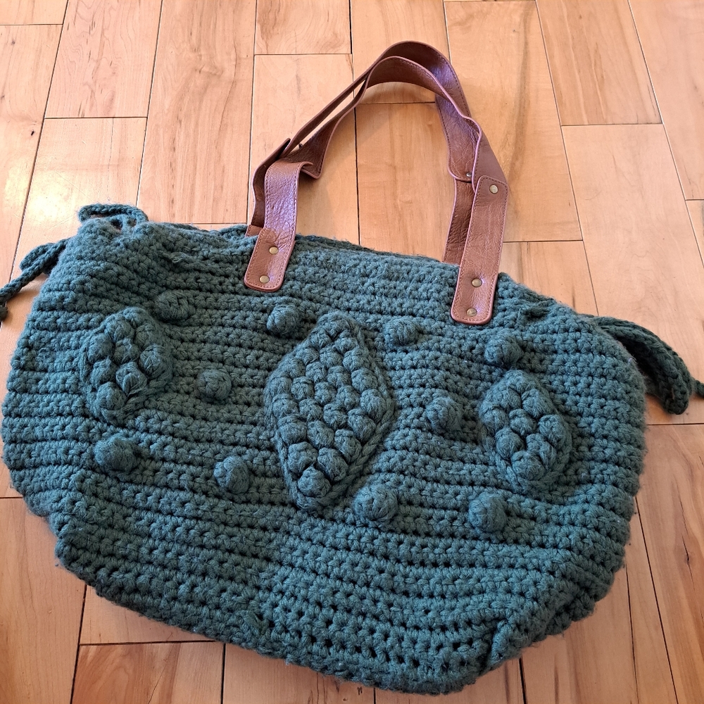 Green Crochet Hobo Bag w/ Faux Leather Handles